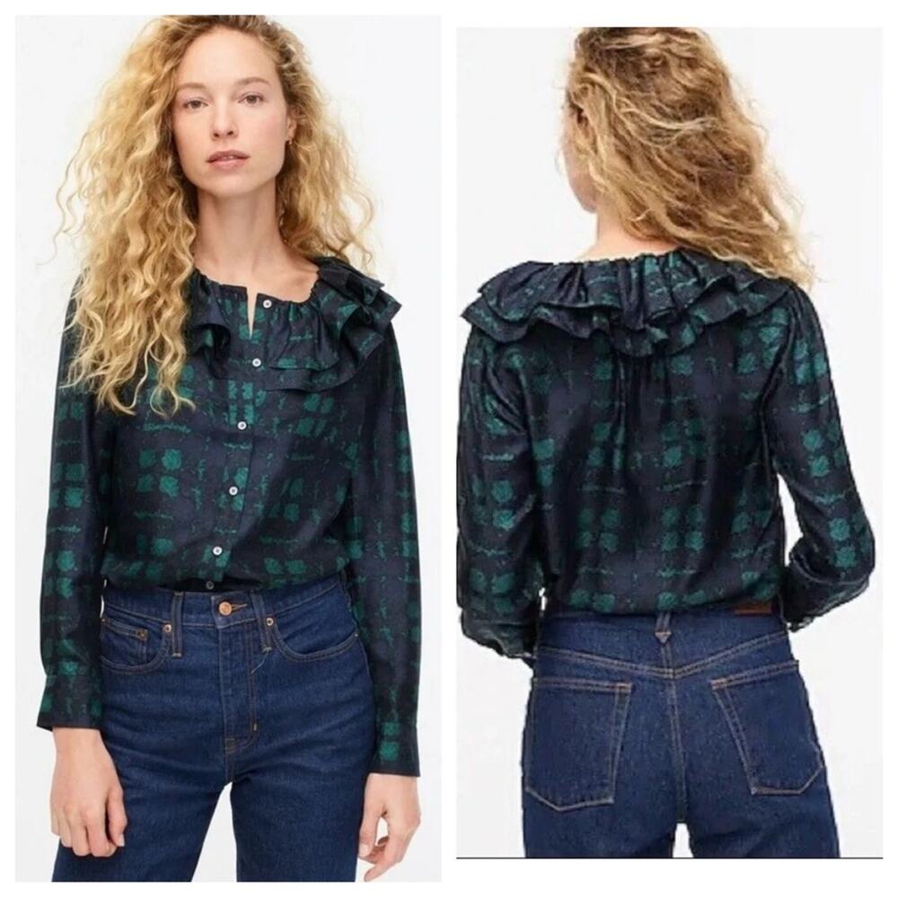 NEW J. Crew Collection 100% Silk Twill Ruffle-Collar Top in Plaid - Size S